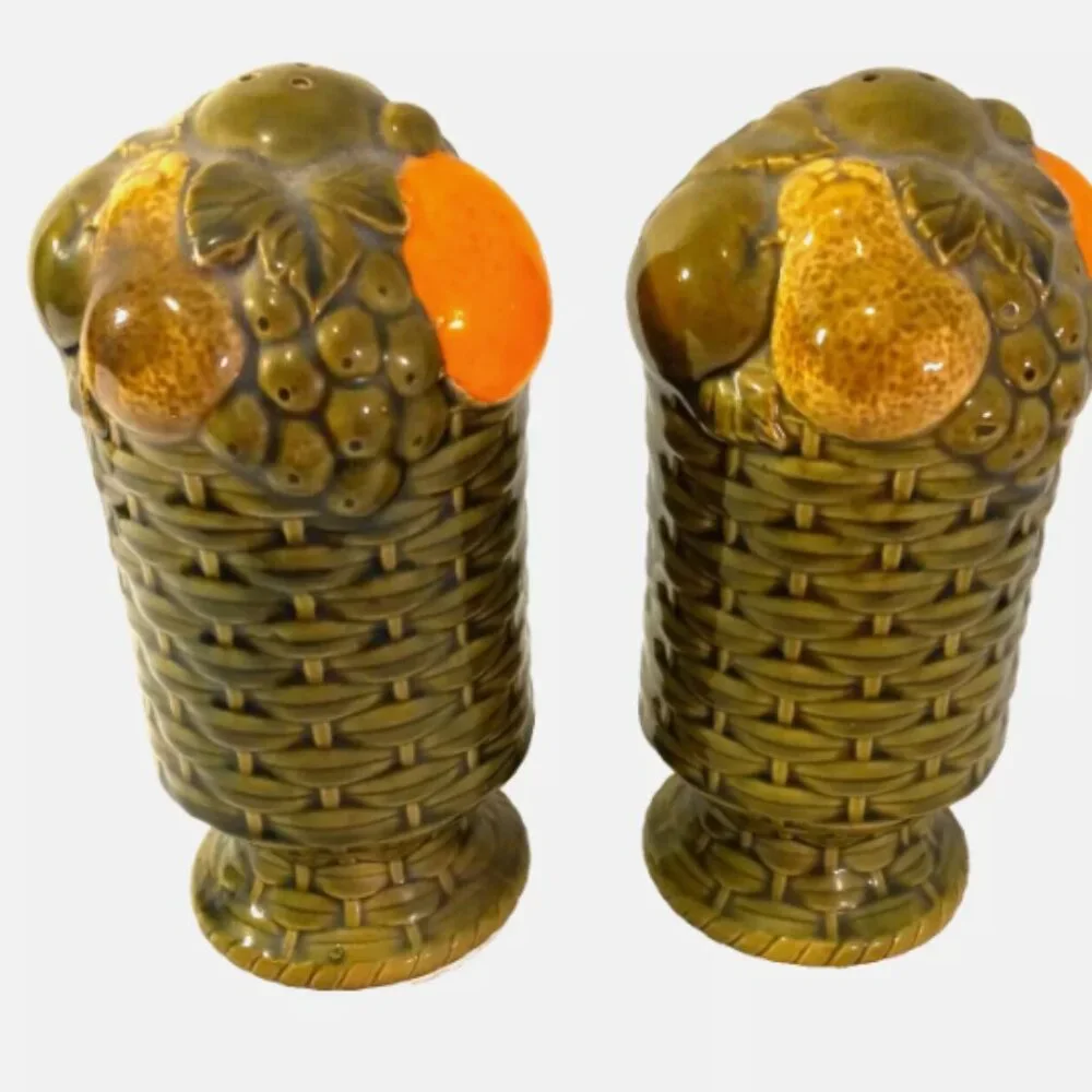 Antique Salt+Pepper Ceramic Shakers Basket Weave w/Flowers Hand Painted Tall